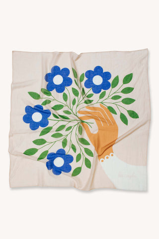 Four Blue Flowers Oversized Silk & Cotton Scarf