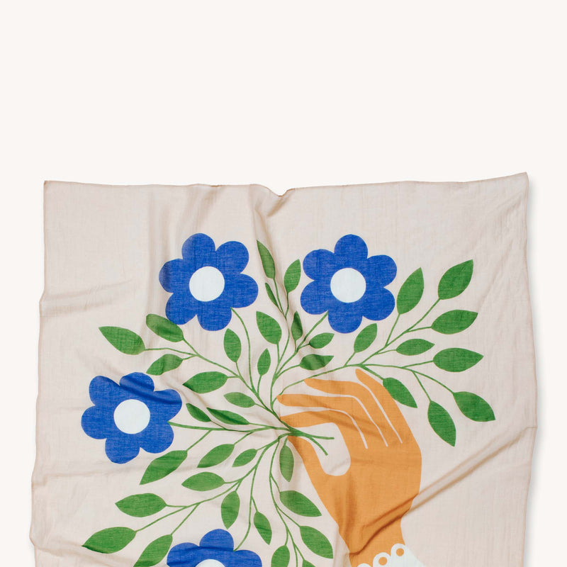 Four Blue Flowers Oversized Silk & Cotton Scarf