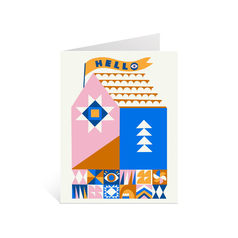 Hello House with Quilt Square Greeting Card